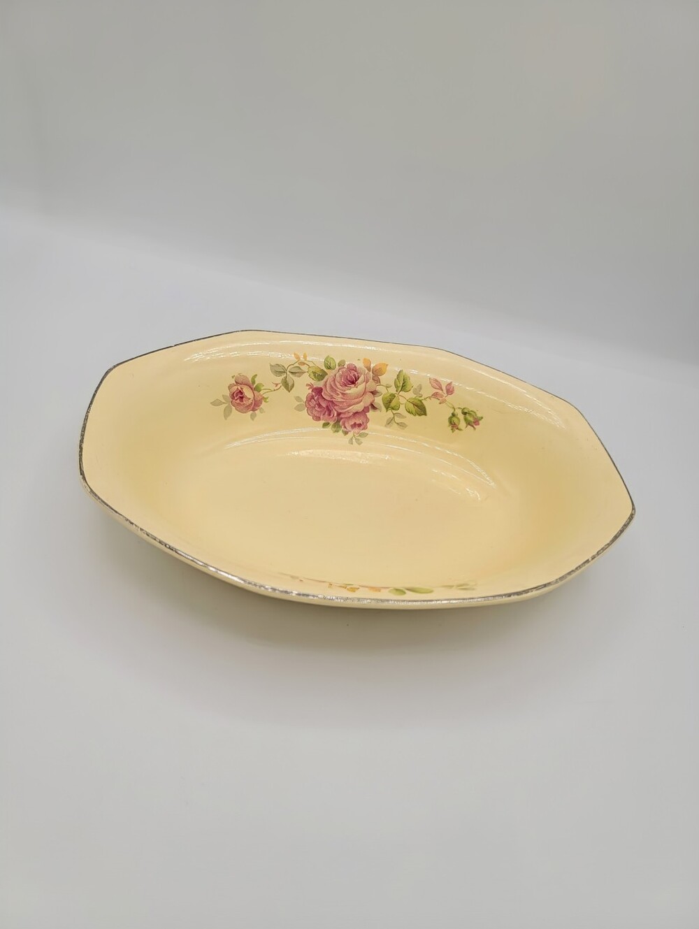 Homer Laughlin Virginia Rose Fluffy Rose Oval Vegetable Bowl Platinum 1937 Vinta